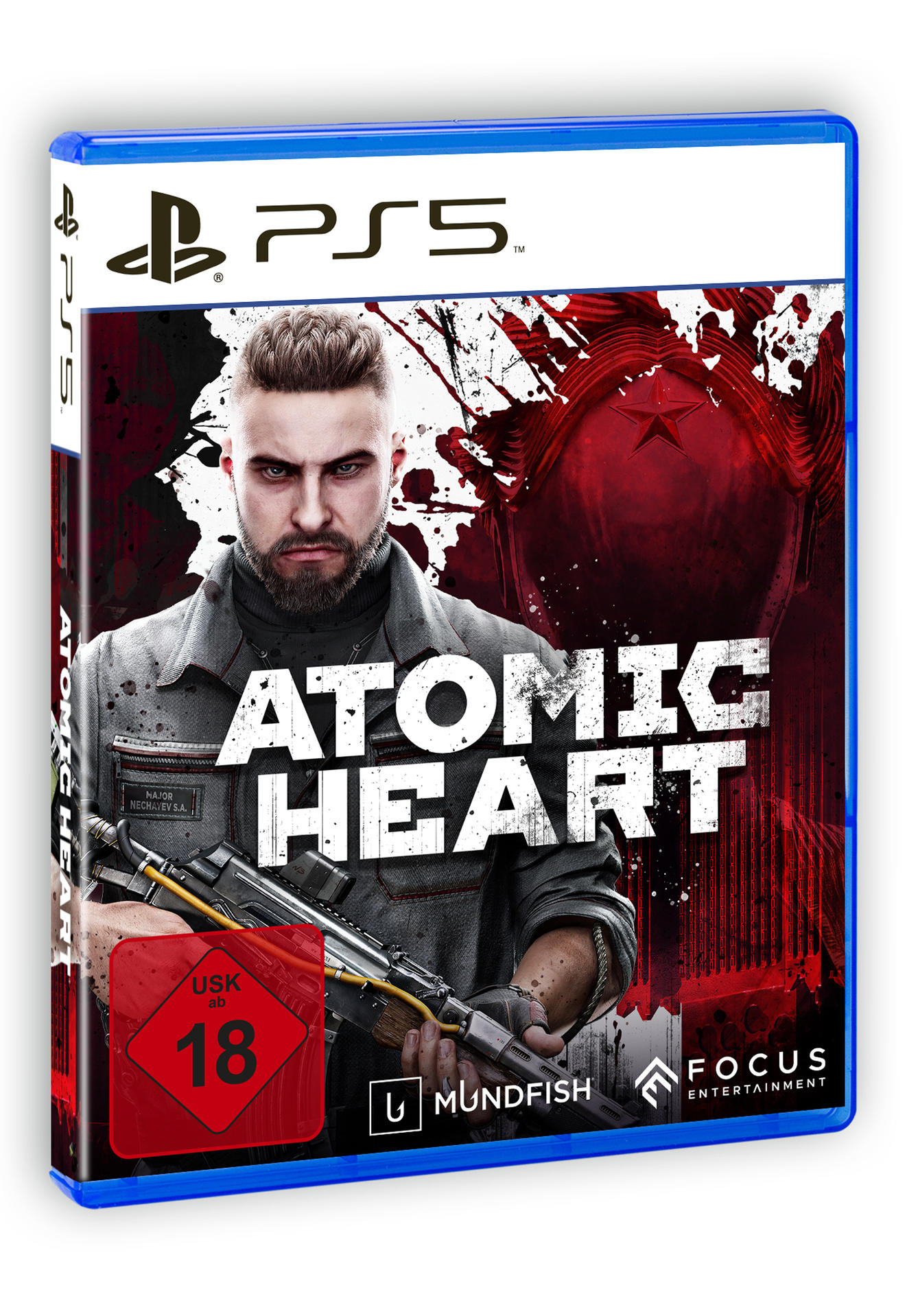 Videospielbox für 'Atomic Heart' auf PS5. Zeigt einen Mann mit einer Waffe.