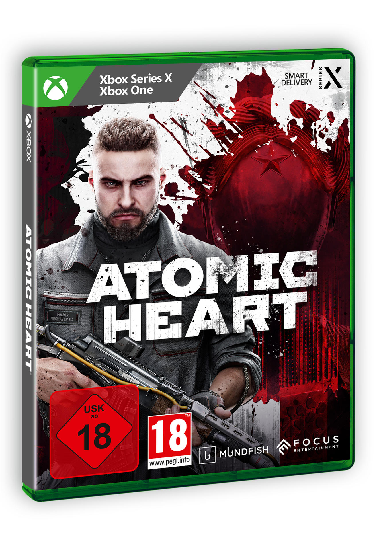 Ein Videospiel-Case mit einem Mann, der eine Waffe hält.