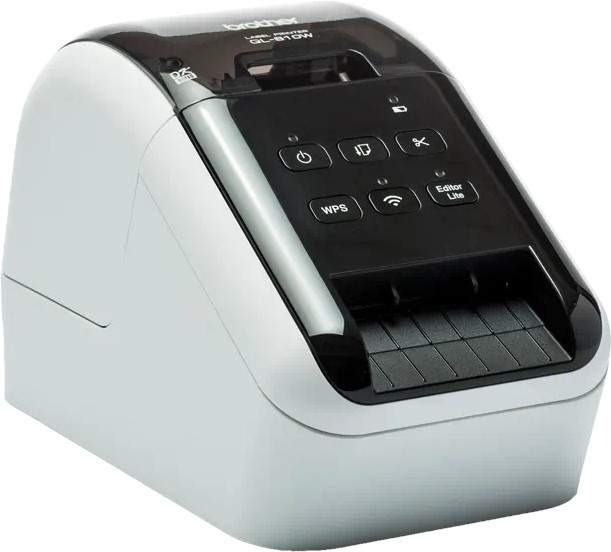 White and black Brother label printer, with buttons and a black label output slot.