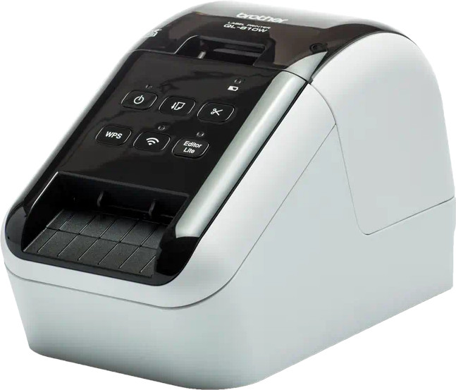 Brother label printer. White and black. Buttons and display on top.