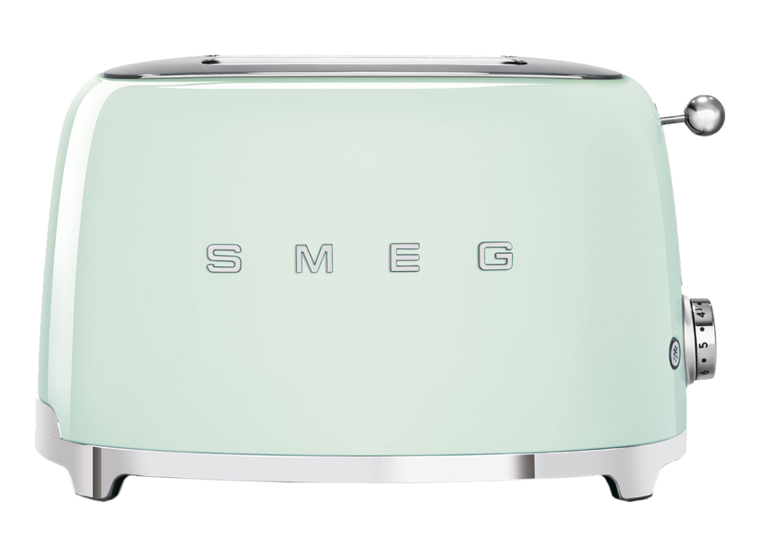 Tostapane Smeg verde menta. Dettagli argentati, con il logo Smeg e una manopola laterale.