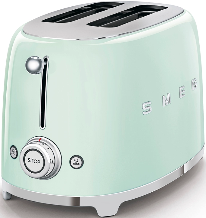 Tostapane verde menta. Accenti argento, due fessure e un selettore con pulsante stop.