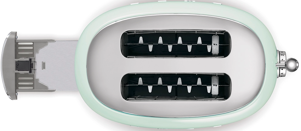 Una vista dall'alto di un tostapane verde menta con due fessure, una leva e un quadrante.