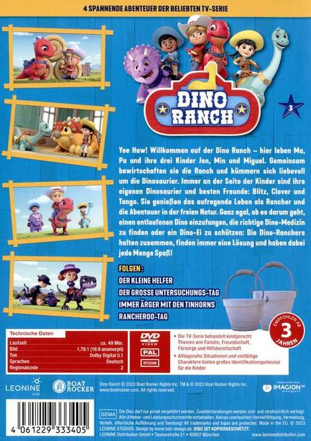 Rückseite einer Dino Ranch DVD mit Charakteren und Details auf weißem Hintergrund.