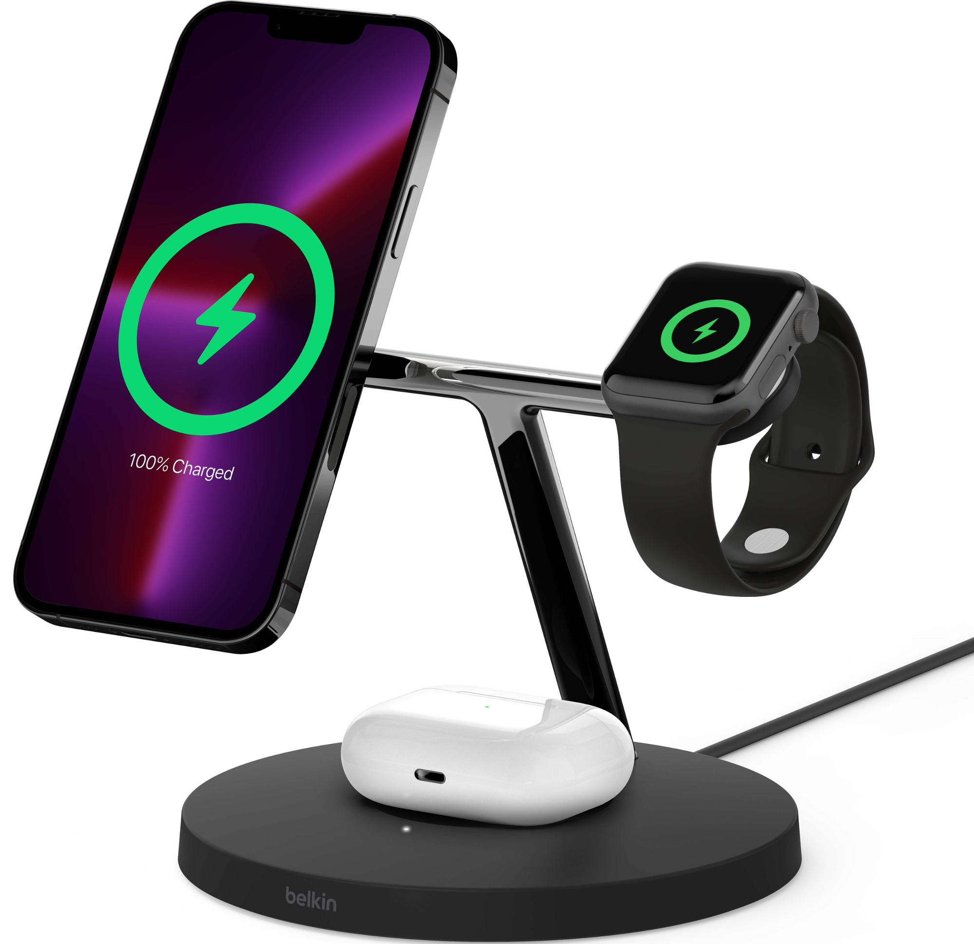 Kabellose Ladestation mit Telefon, Uhr und Ohrhörern. Telefon wird geladen. Schwarze Basis.