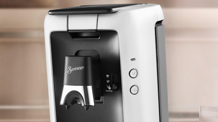 Weiße und schwarze Senseo-Kaffeemaschine mit drei Knöpfen.