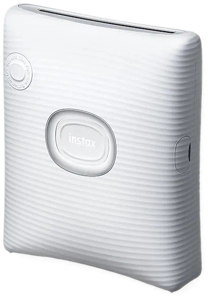 Witte Instax-printer met een grote lens en het woord "instax" op de voorkant.