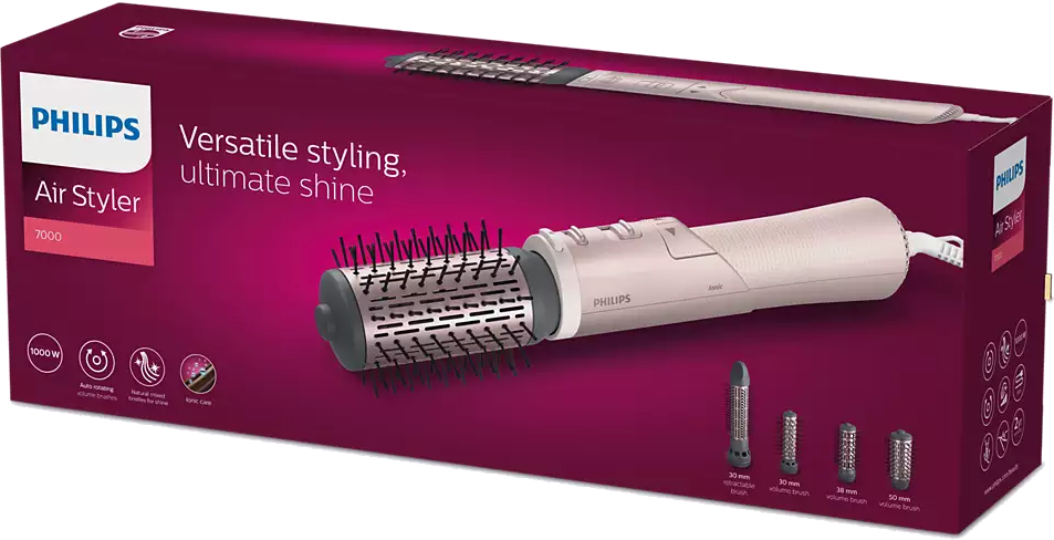 Philips Air Styler 7000 doboz, a formázóval és a tartozékokkal.