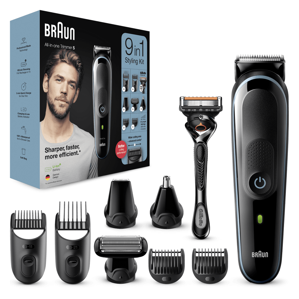 Afeitadora multifunción - Braun Todo En Uno 5 MGK5380, Recortadora De Barba, 9 En 1, Para Hombre, 7 Accesorios, Negro