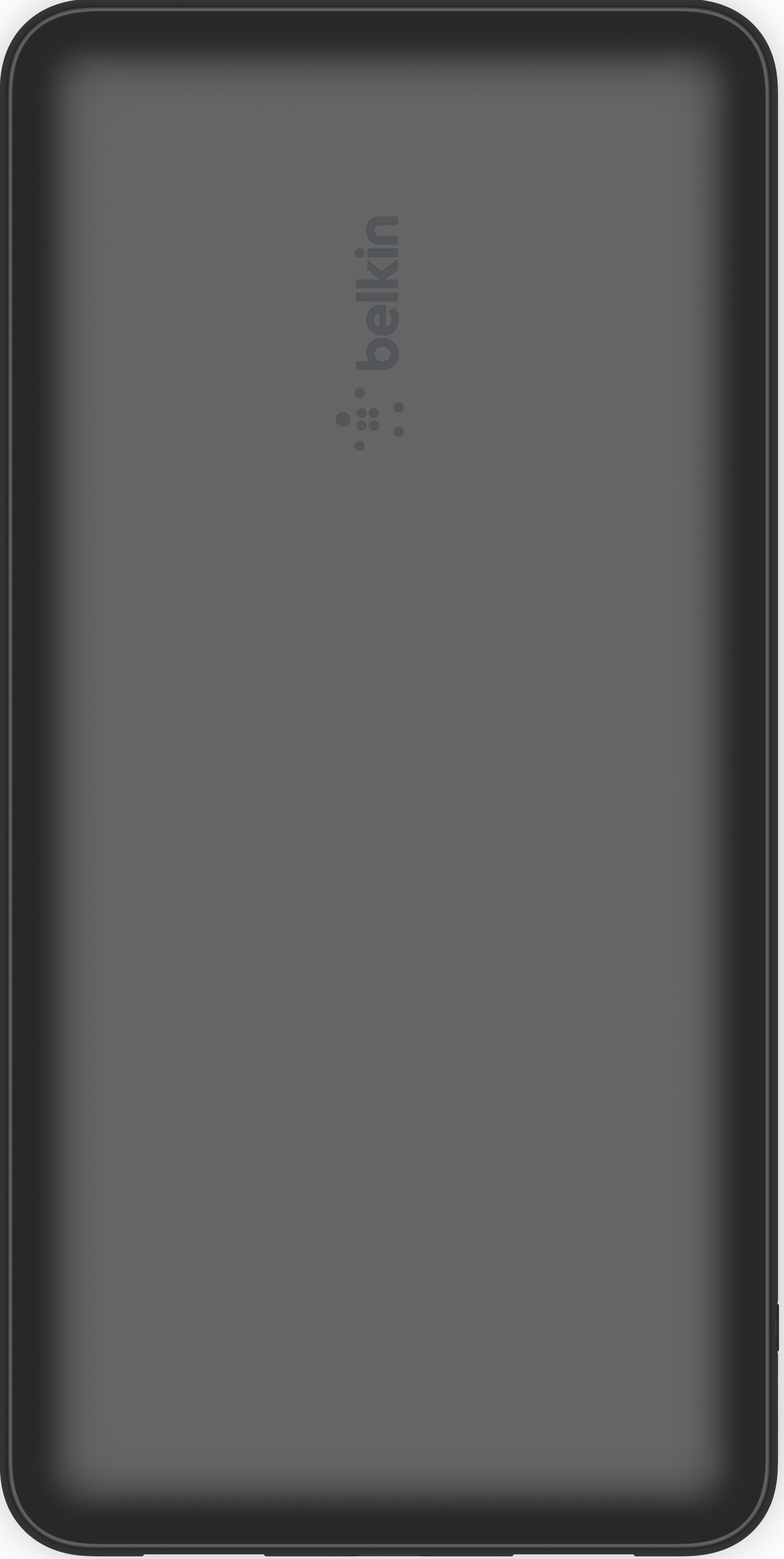 Une batterie externe Belkin noire avec le logo Belkin en gris subtil, sur fond blanc.