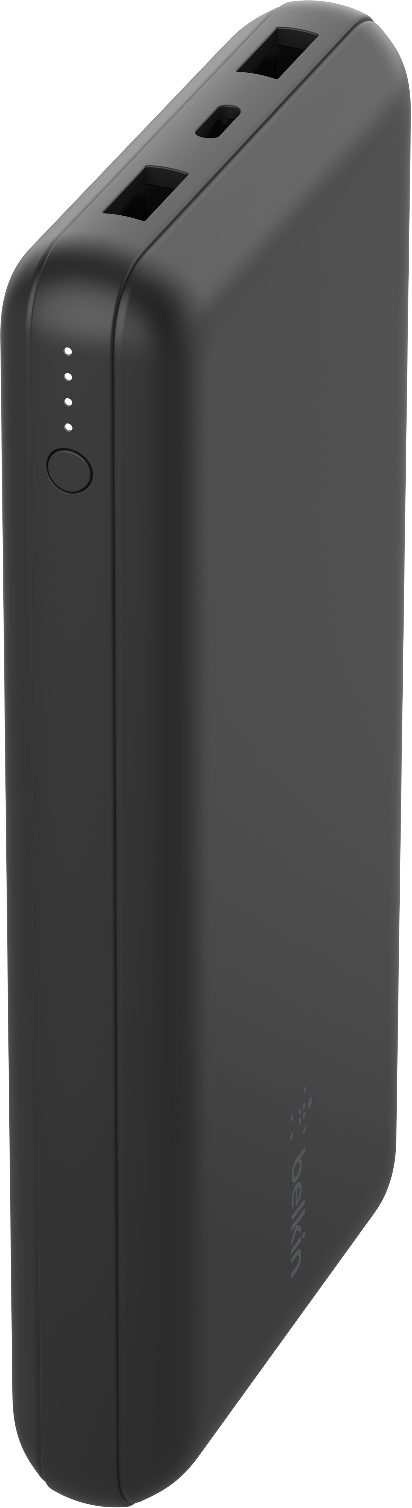 Batterie externe noire avec ports et bouton d'alimentation, sur fond blanc.