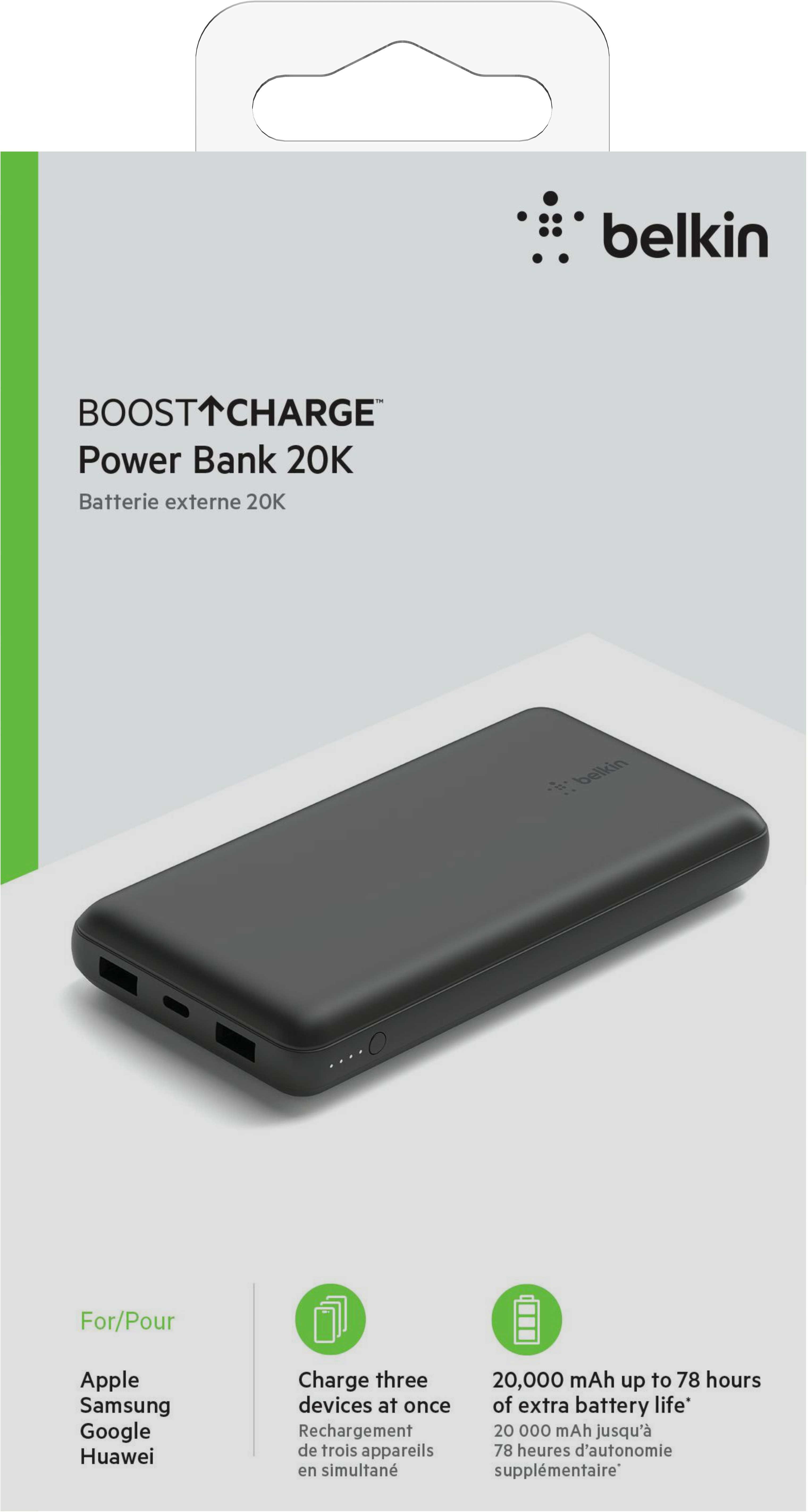 Emballage de batterie externe Belkin noire avec détails sur les fonctionnalités et le design.