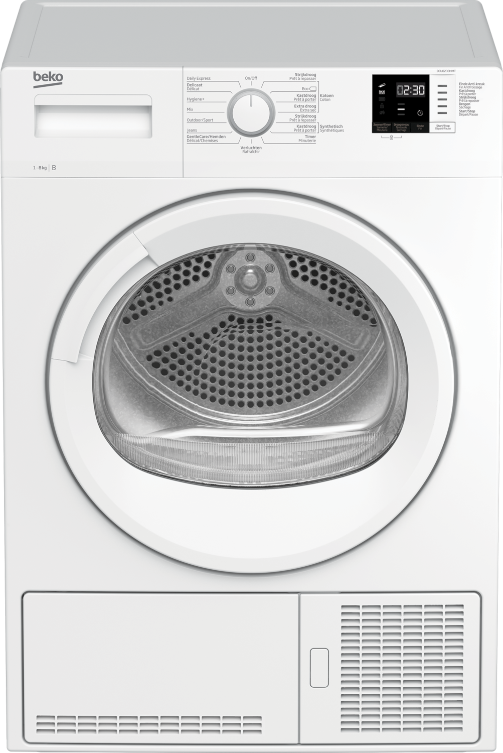 Sèche-linge Beko blanc. Comprend un panneau de commande, une porte et des fentes de ventilation.