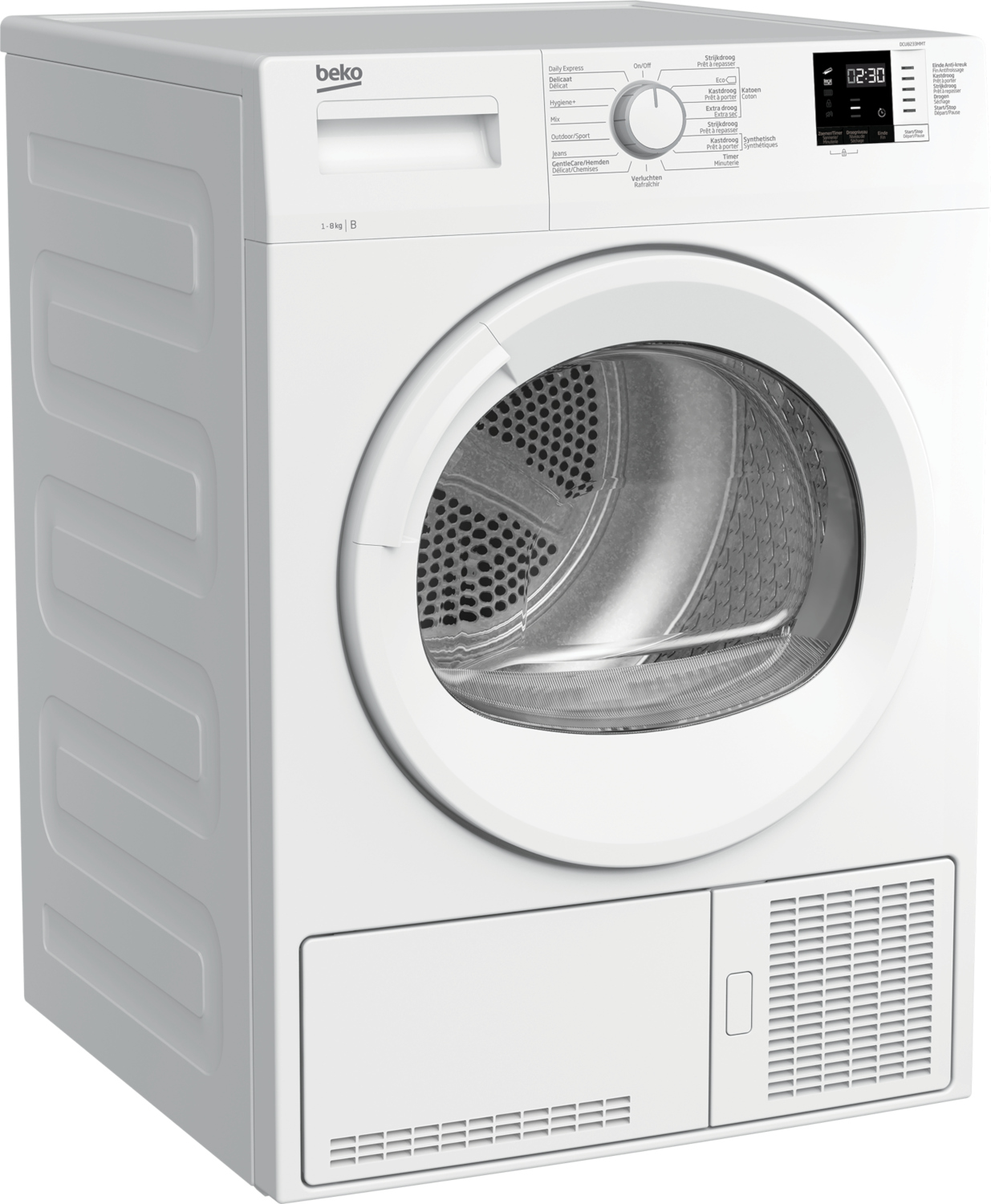 Lave-linge blanc, vue de face. Comprend une porte circulaire, un panneau de commande et le nom de la marque.