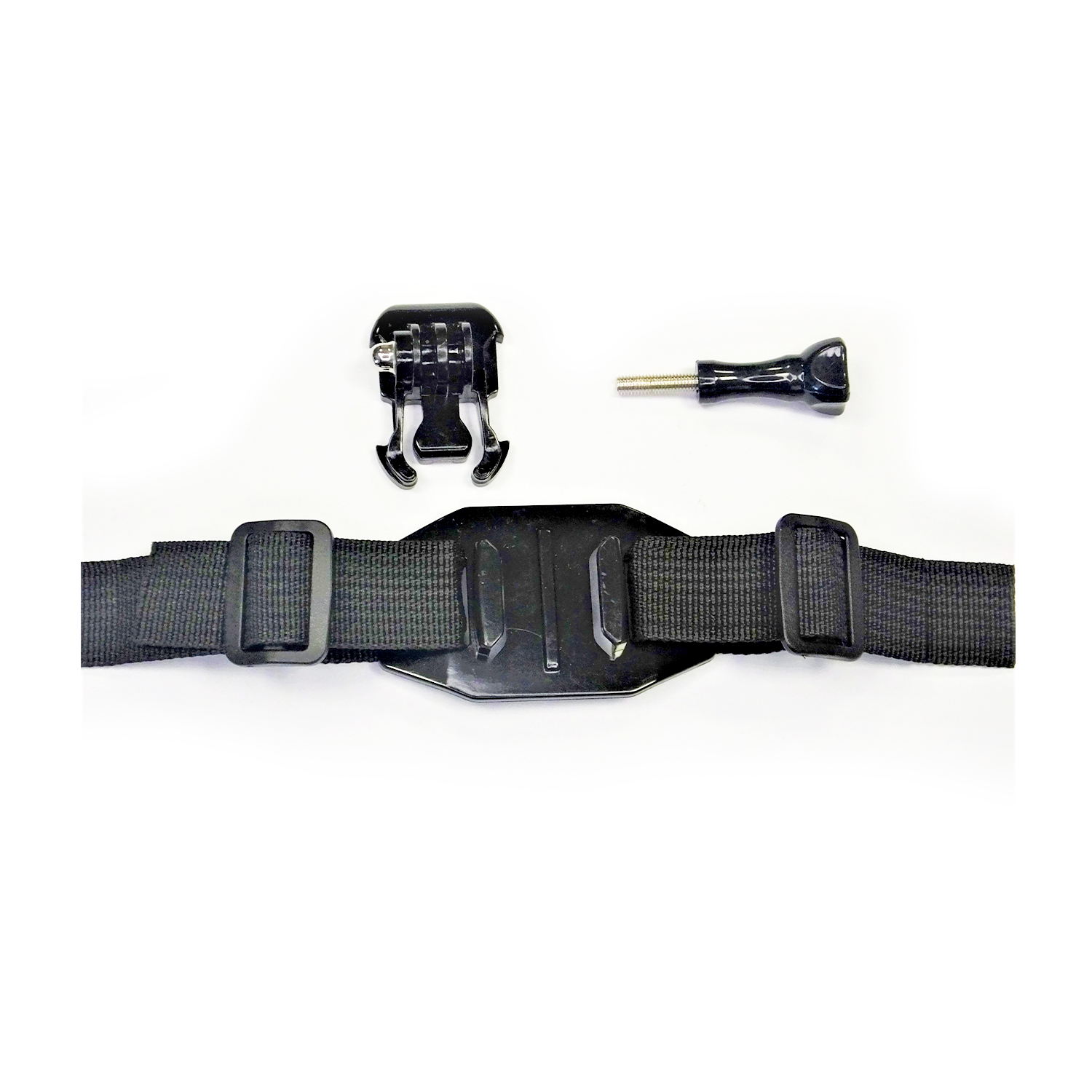 Supporto GoPro con cinghie, clip e vite su sfondo bianco.