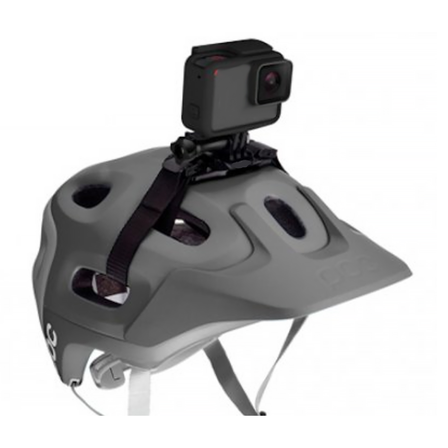 Casco grigio con action camera nera attaccata. La fotocamera è nera e montata sopra.
