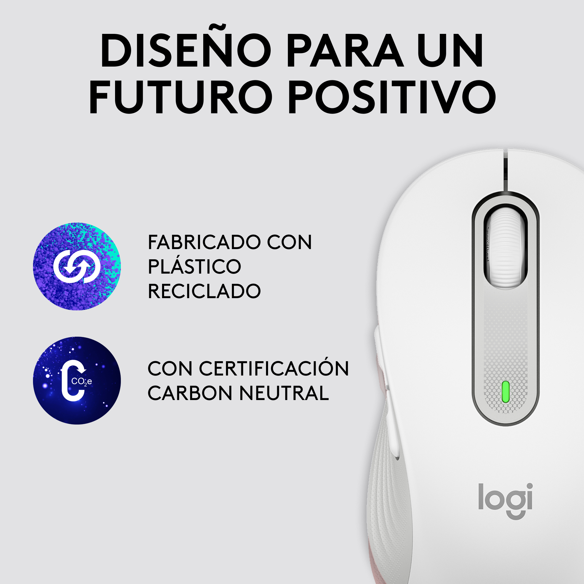 Un ratón Logitech blanco con acento rosa y texto sobre plástico reciclado.
