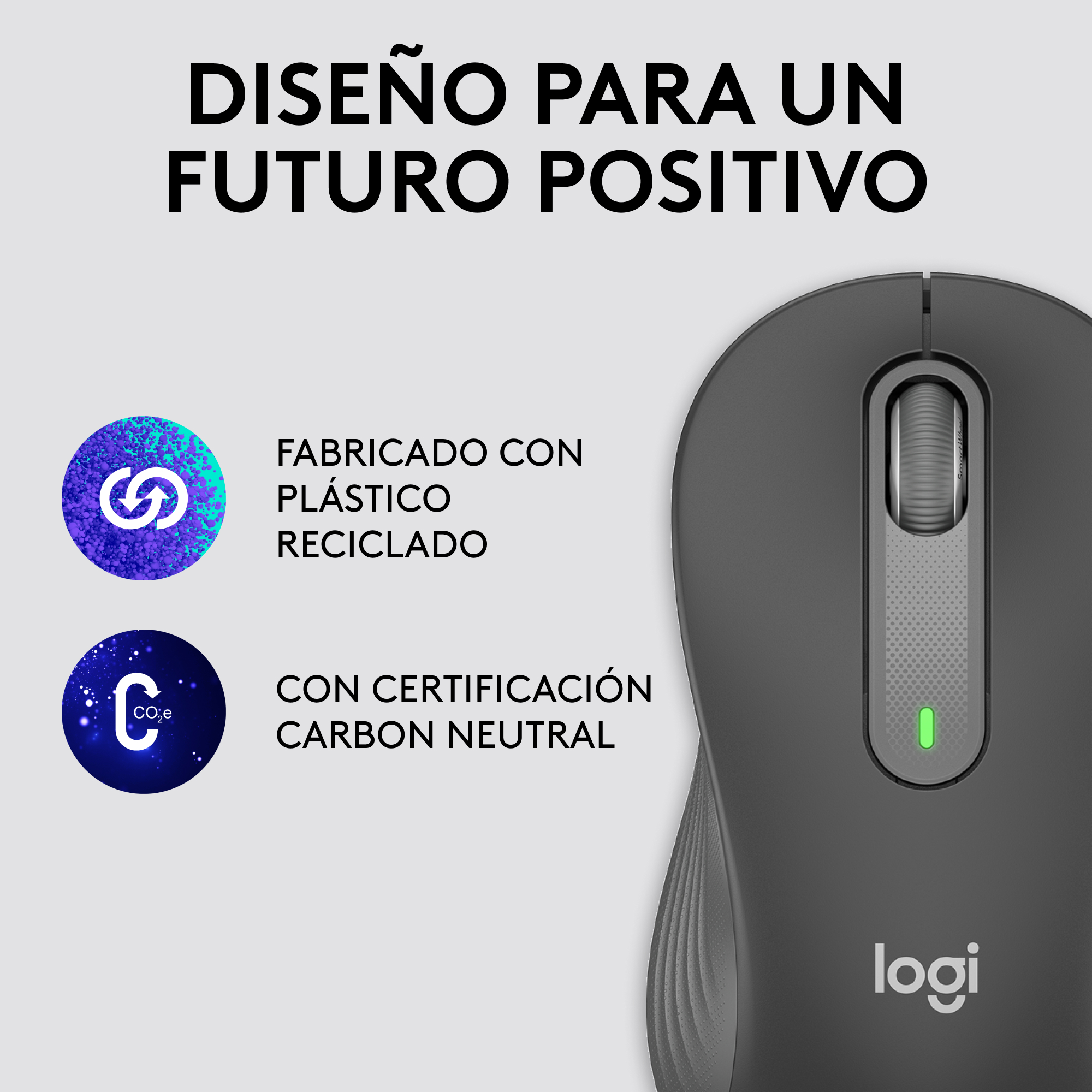 Ratón con texto: 'DISEÑO PARA UN FUTURO POSITIVO' e iconos para plástico reciclado.