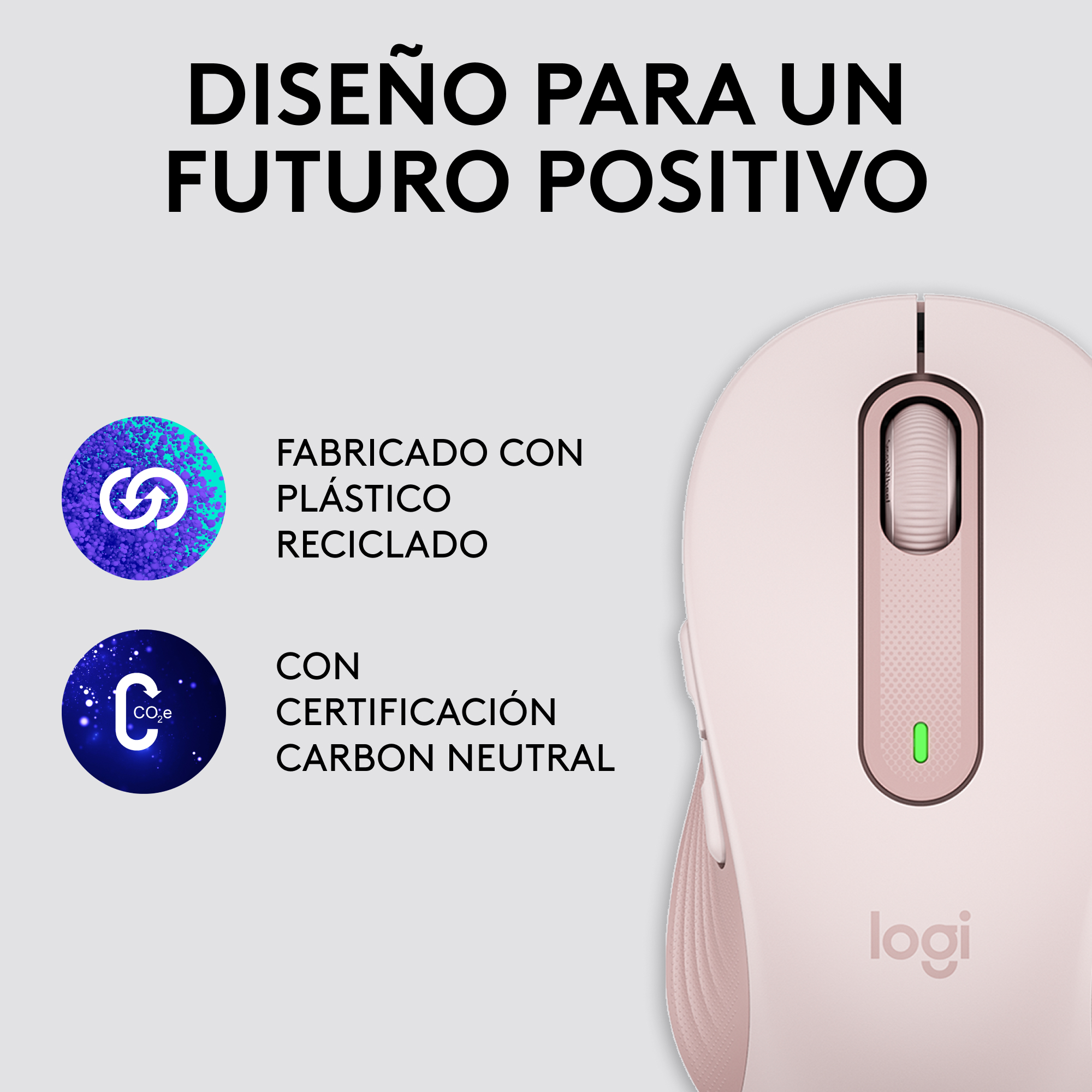 Un ratón rosa con una rueda de desplazamiento, junto a un texto que dice que está hecho con plástico reciclado.