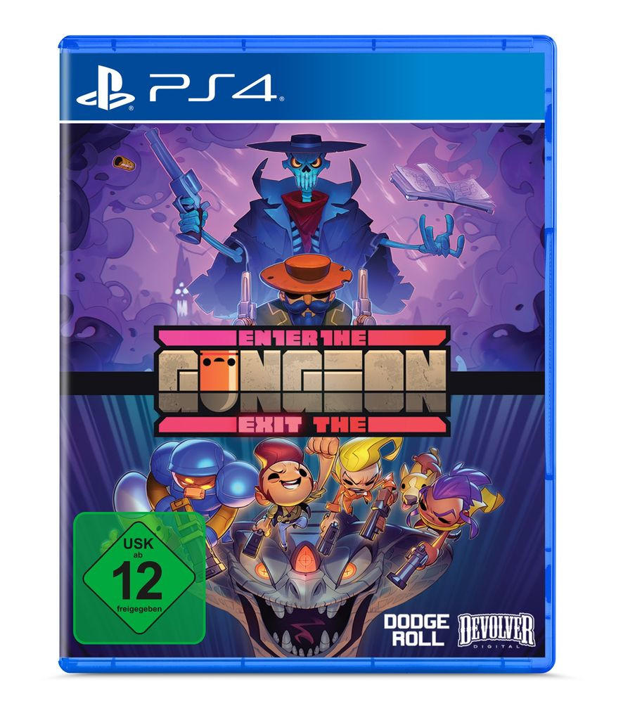PS4-Spielcover für 'Enter the Gungeon'. Es zeigt Charaktere und einen blauen Hintergrund.