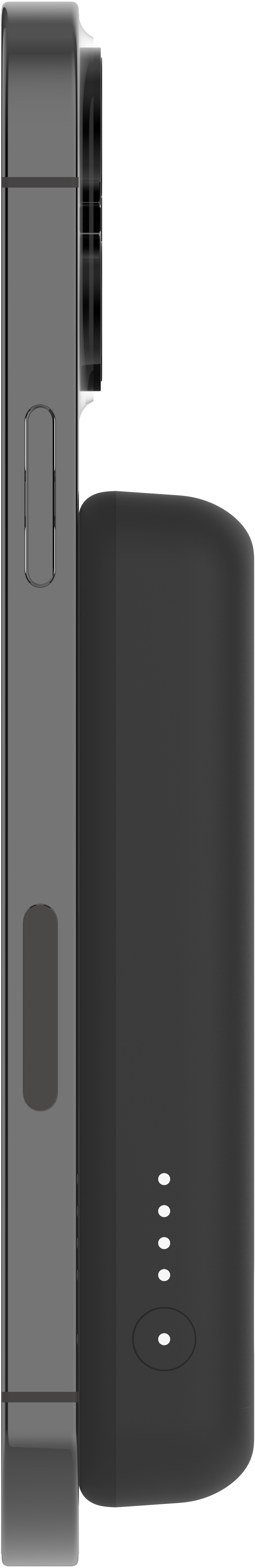 Téléphone noir avec une batterie externe noire attachée. Le téléphone est gris. Points blancs.