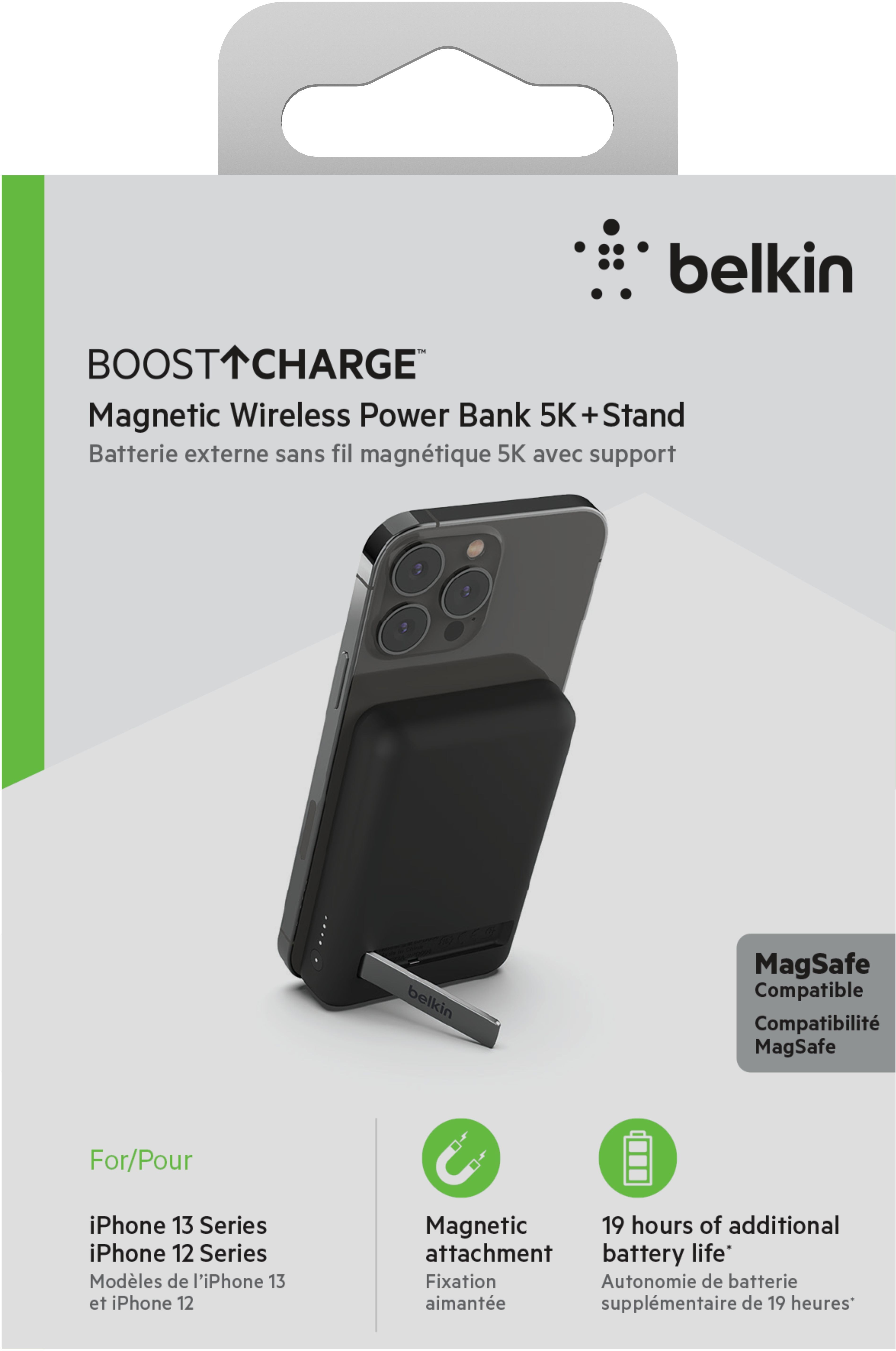 Emballage de batterie externe Belkin, avec un téléphone attaché, montrant les fonctionnalités et le design.