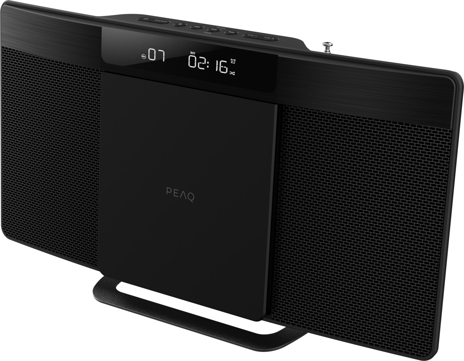 Système audio peaq noir avec écran, fente CD et haut-parleurs en mesh.