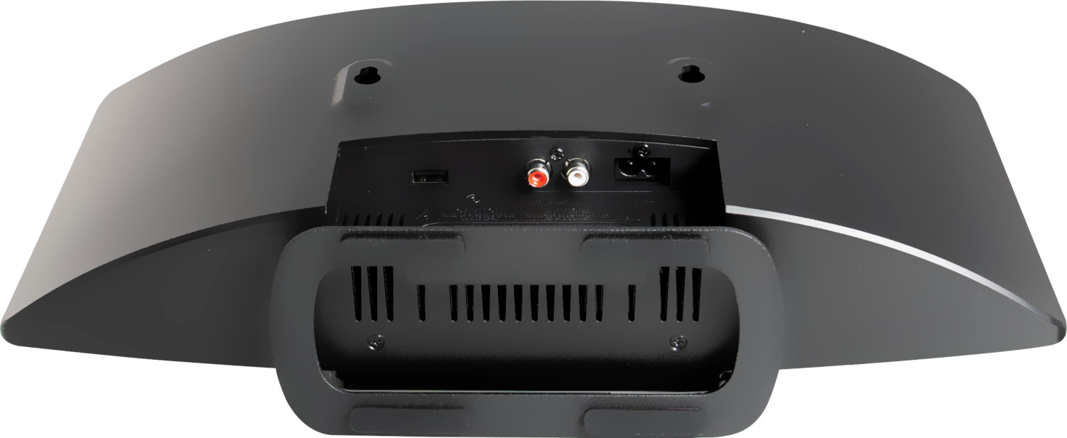 Appareil audio noir avec connecteurs et support sur fond blanc.