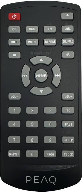 Télécommande PEAQ noire avec de nombreux boutons, dont l'alimentation, le volume et les chiffres.