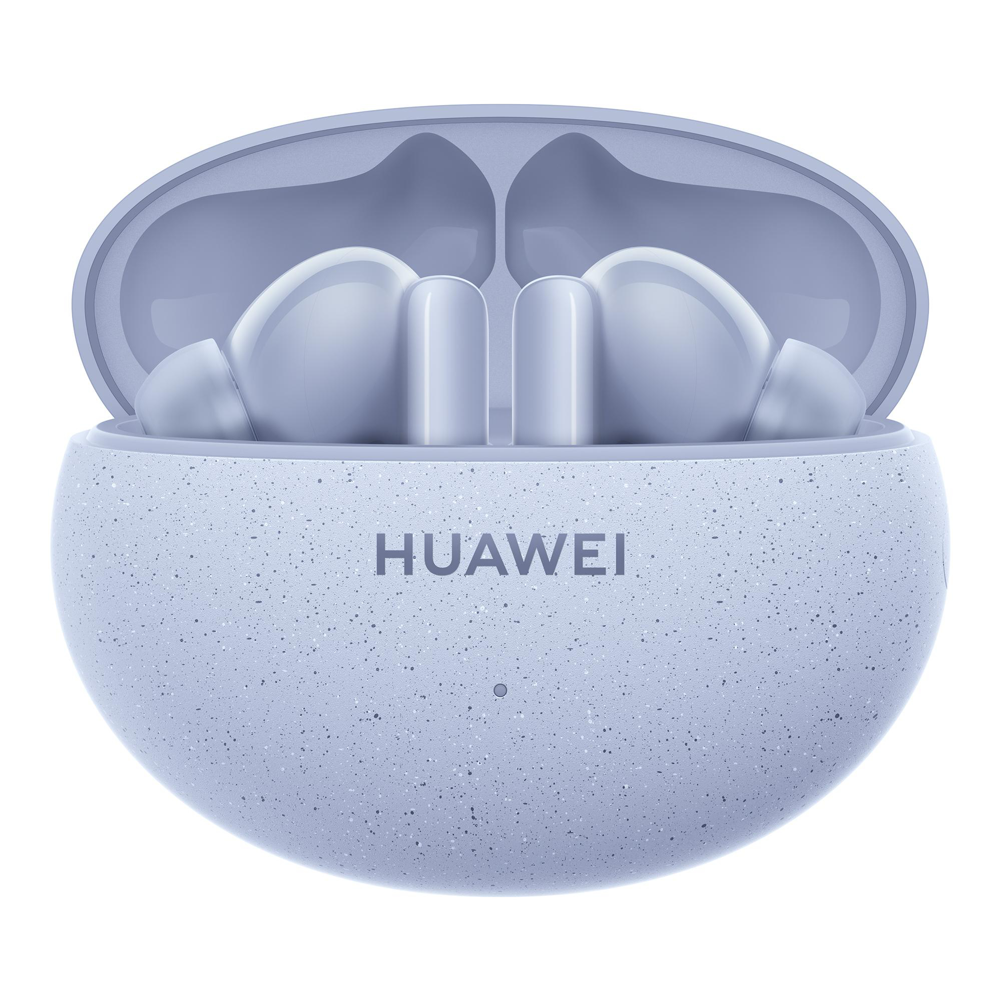 Offene, hellviolette Huawei-Ohrhörer in einem passenden Gehäuse. Das Gehäuse ist rund und gesprenkelt.