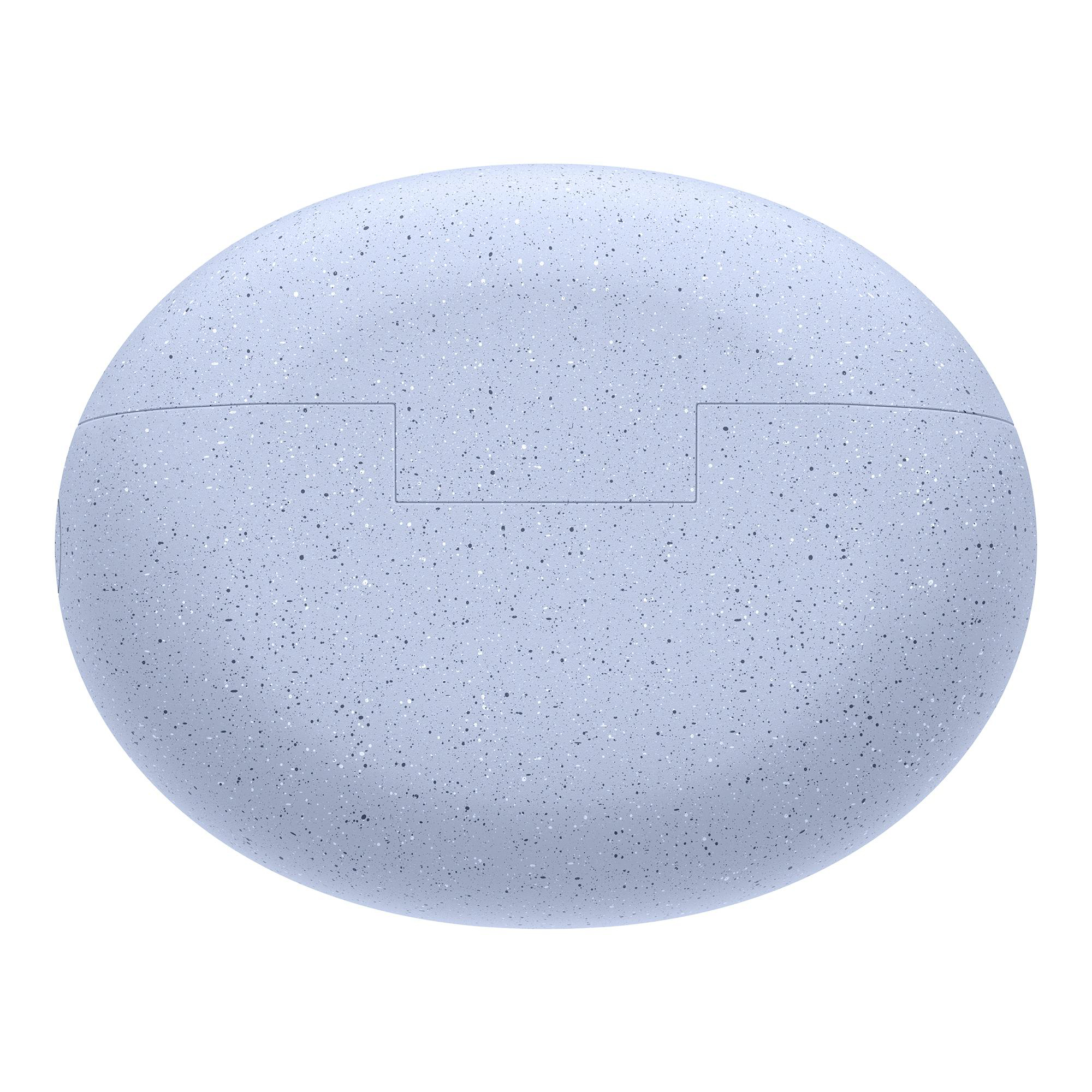 Hellblau gesprenkelte Ladehülle. Elliptische Form. Weißer Hintergrund.