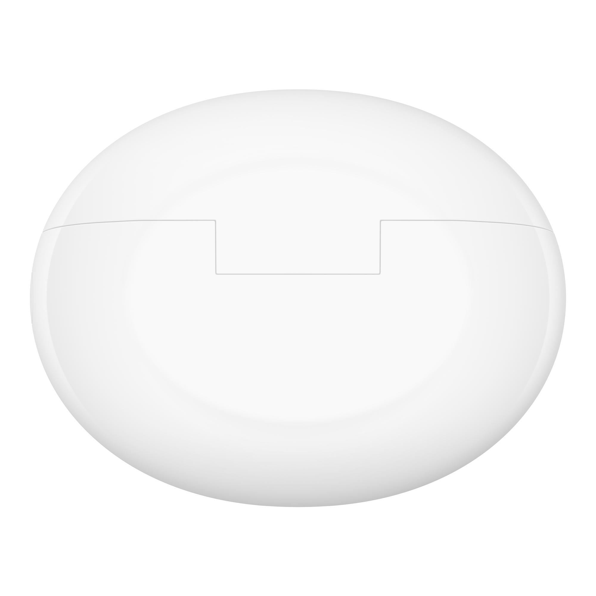 Ein weißes, oval geformtes kabelloses Ladecase mit einer rechteckigen Vertiefung oben.