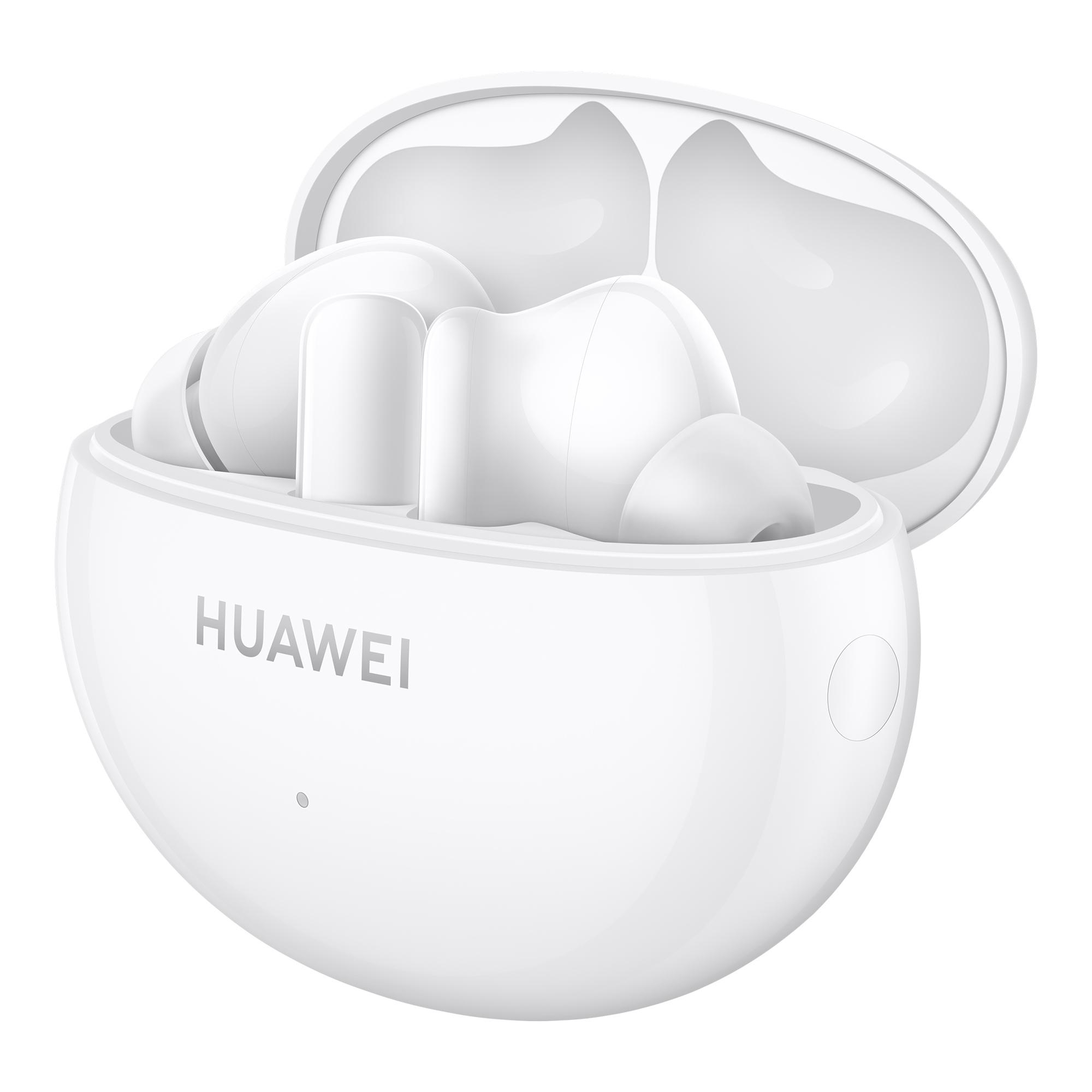 Weiße Huawei-Ohrhörer und Ladecase, geöffnet.