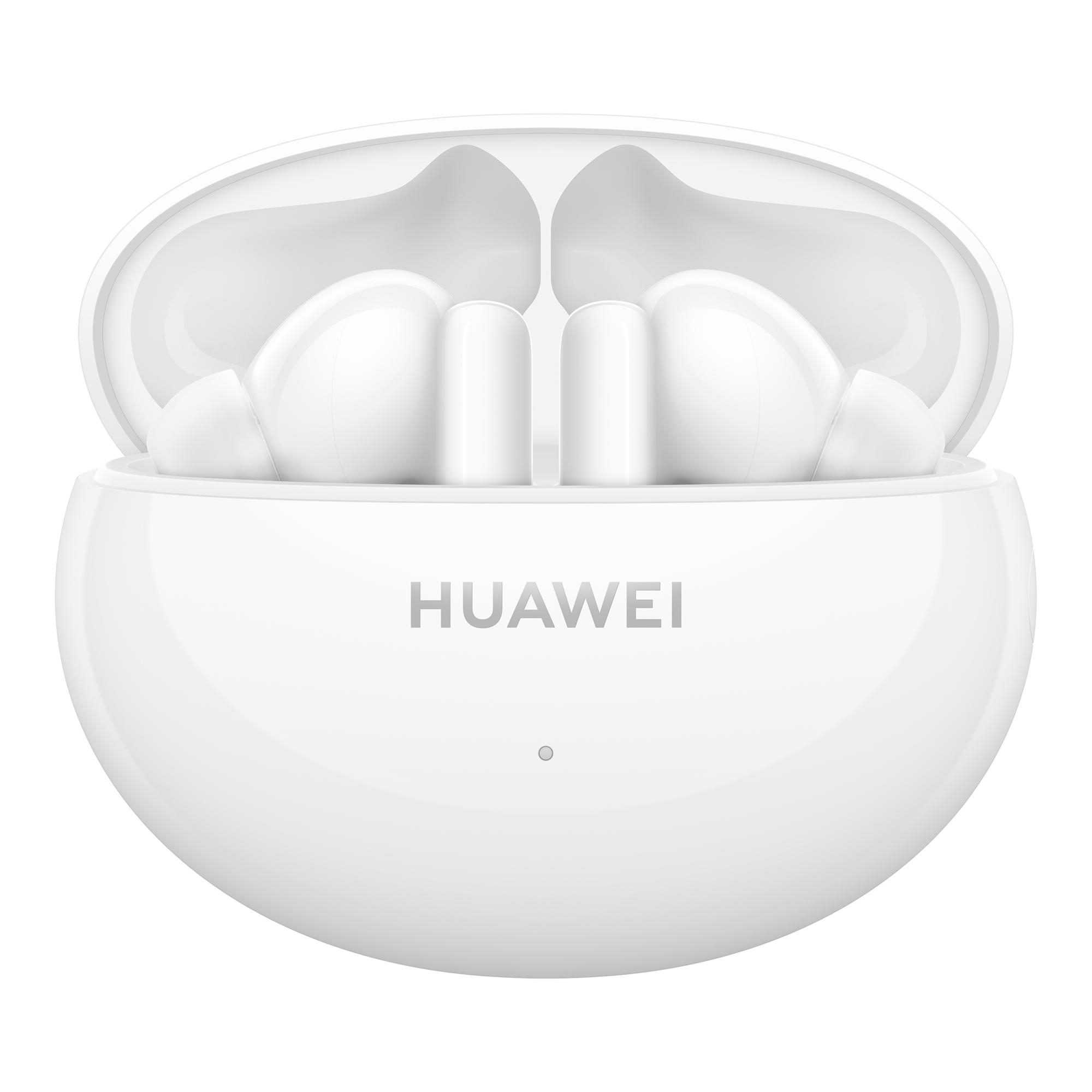 Weiße Huawei-Ohrhörer in einem offenen, weißen Ladeetui. Das Etui ist oval geformt.