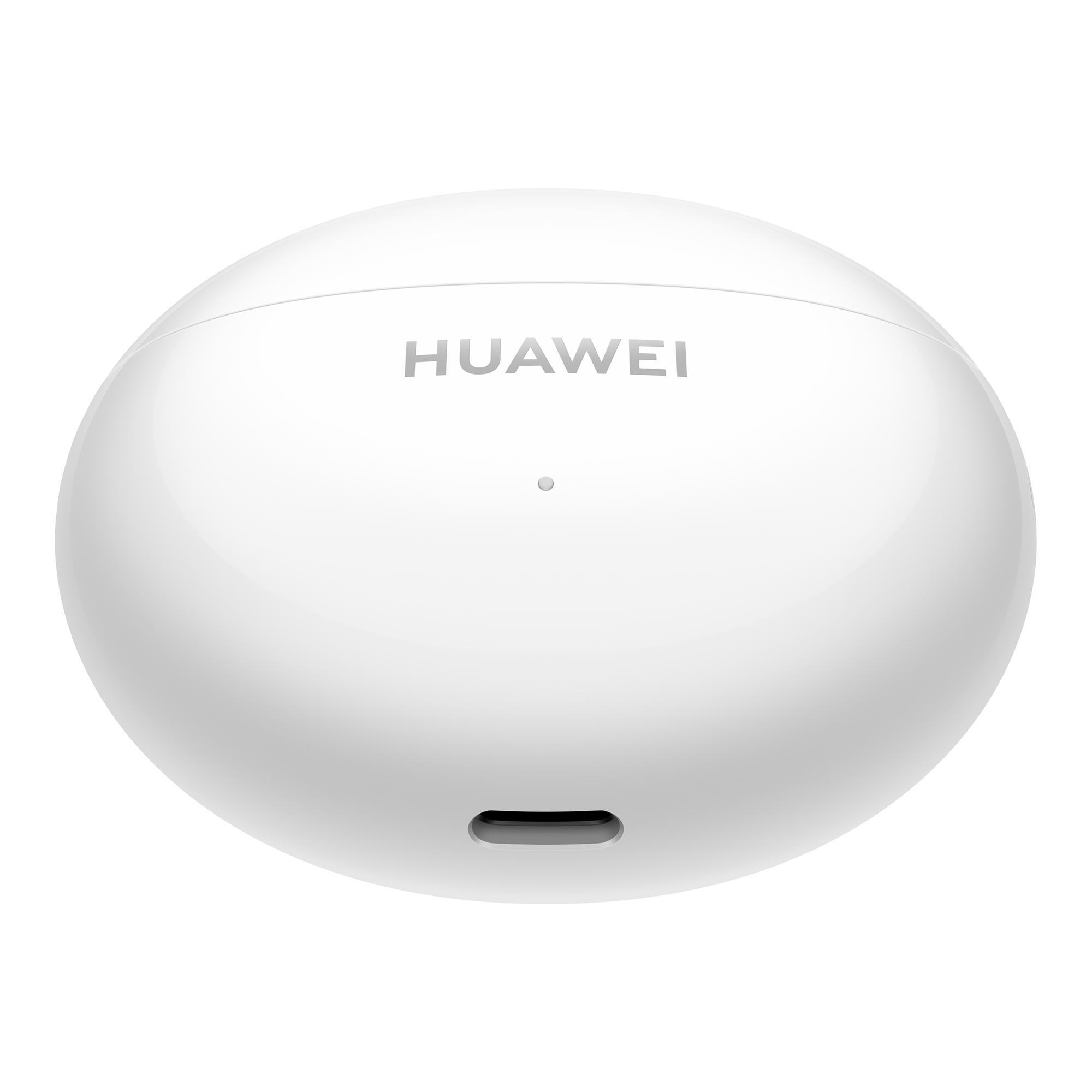 Weißes, oval geformtes Ladeetui mit dem Wort HUAWEI oben.