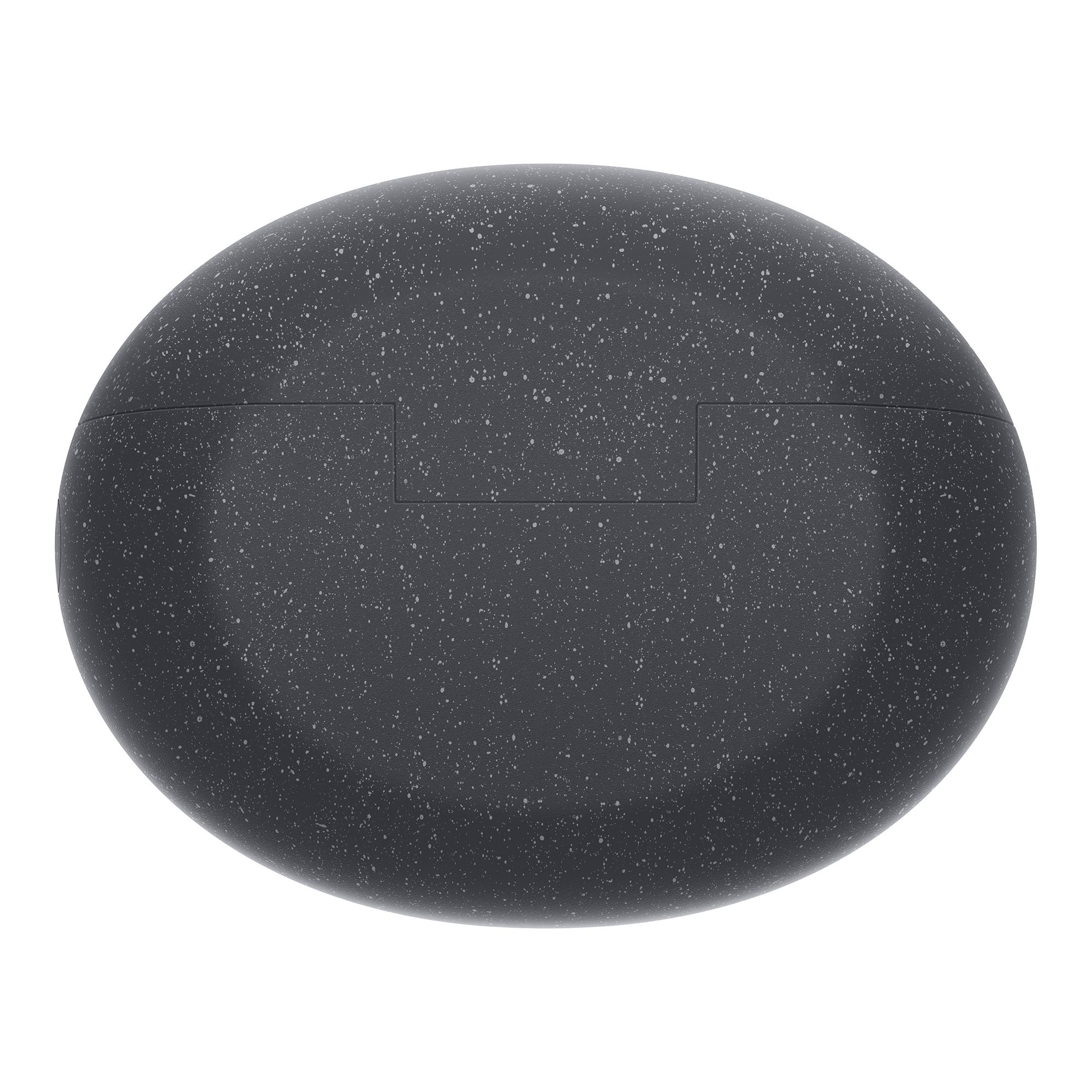 Dunkelgraues, gesprenkeltes Etui, oval geformt, möglicherweise ein Ladeetui für Ohrhörer.
