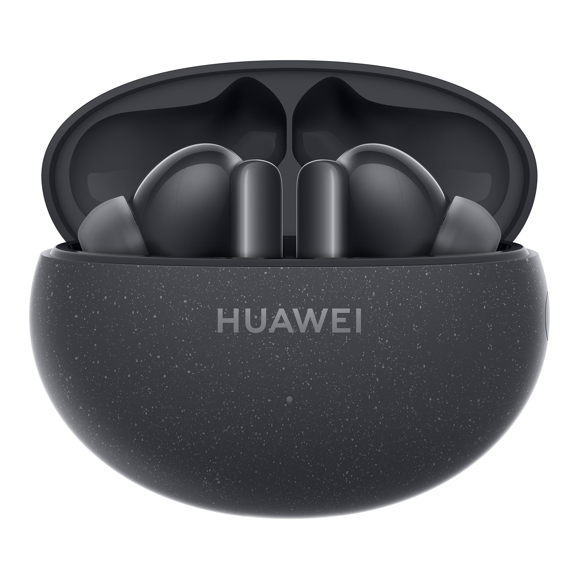 Dunkelgraue Huawei-Ohrhörer in einer dunkelgrauen Ladehülle, offen und nach oben geneigt.