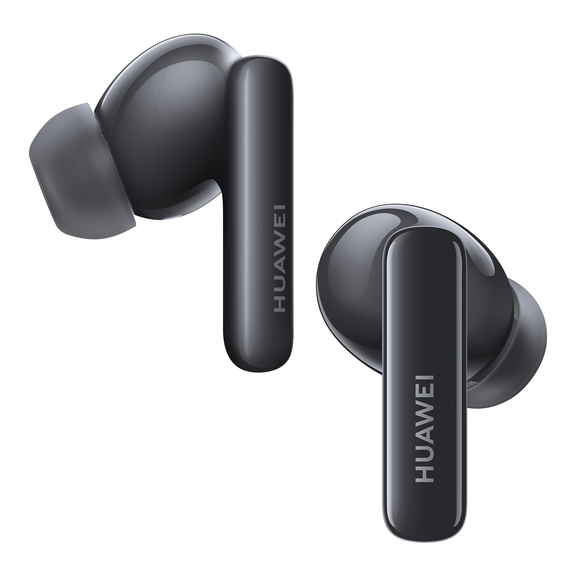 Zwei schwarze Huawei-Ohrhörer, abgewinkelt, auf weißem Hintergrund. Jeder hat das 'HUAWEI'-Logo.
