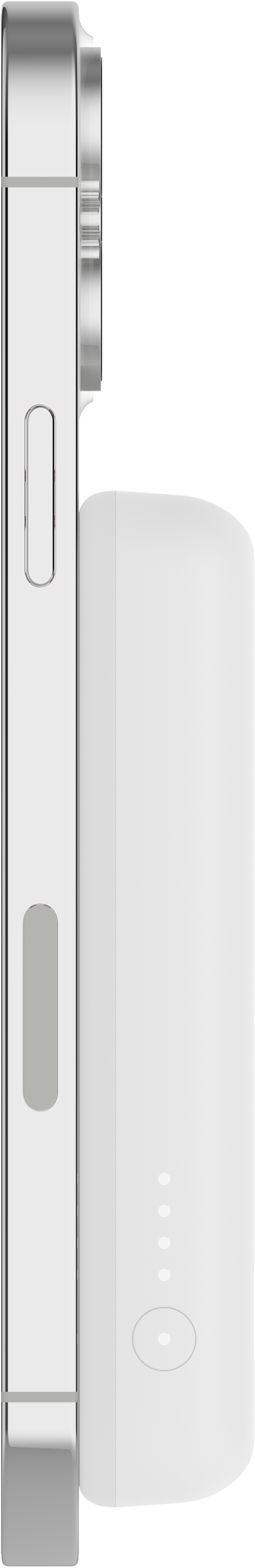 Téléphone blanc avec un chargeur portable blanc attaché.