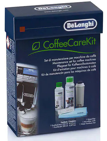 Een Delonghi CoffeeCareKit doos. Het heeft een afbeelding van een koffiemachine en drie productflessen.