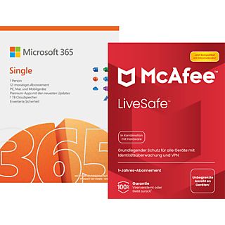 Microsoft 365 Single 1 Jahr + McAfee LiveSafe Attach für alle Geräte in einem Haushalt, 1 Jahr, Code in einer Box - [PC, iOS, Mac, Android] - [Multiplattform]