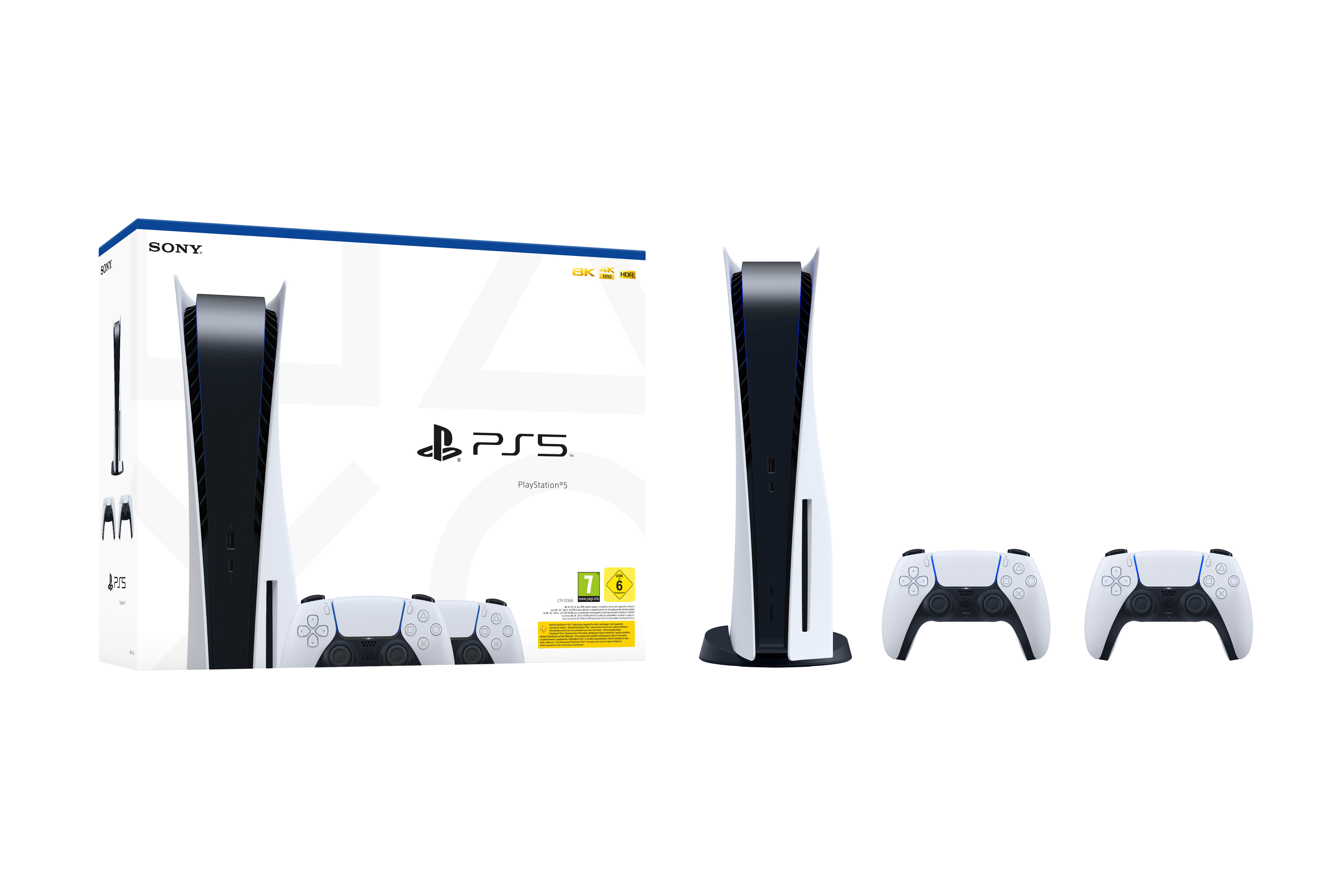 PlayStation 5 Konsole, Box und zwei Controller. Weißer Hintergrund.