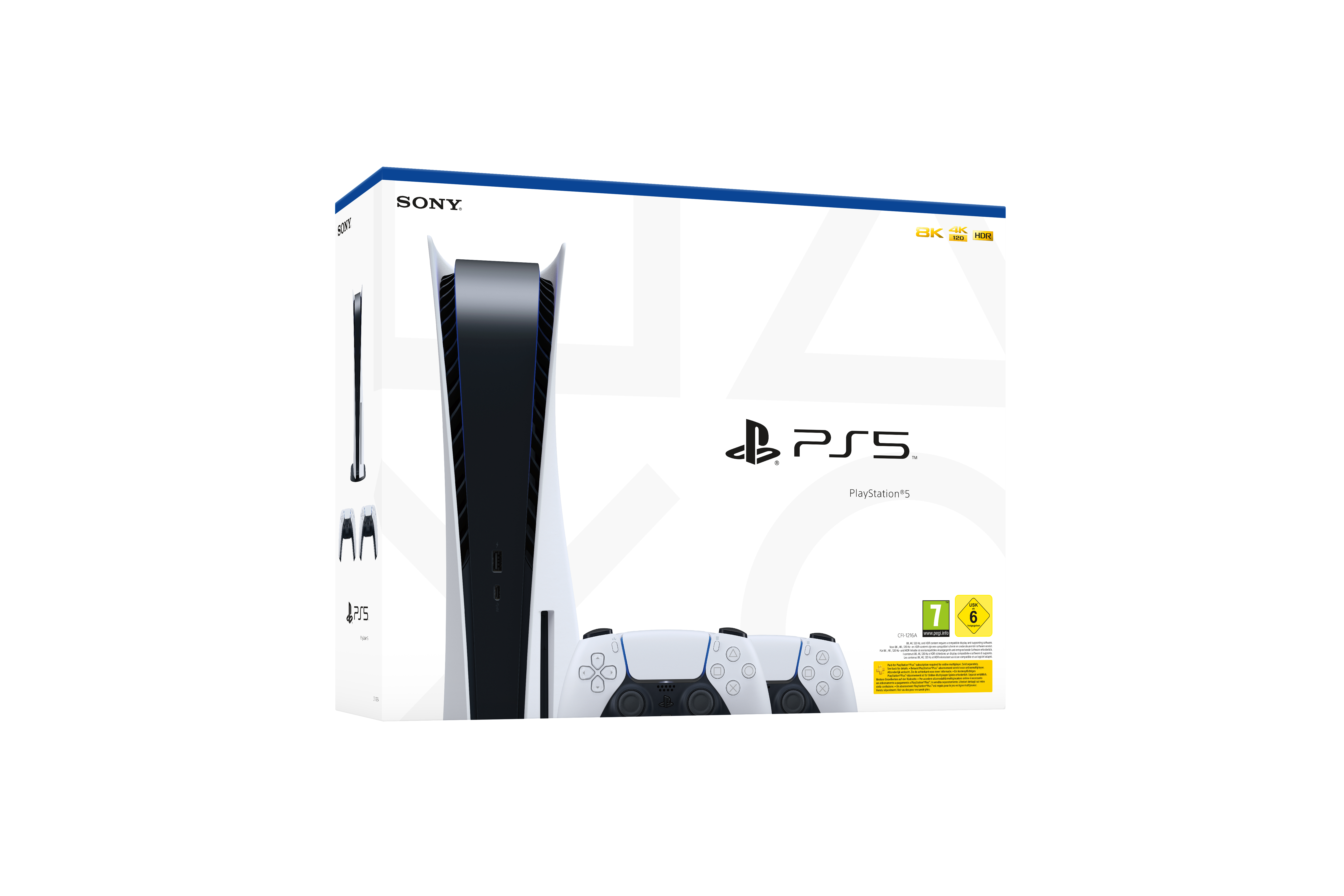 Eine weiß-schwarze PlayStation 5 Konsolenbox mit Controllern.