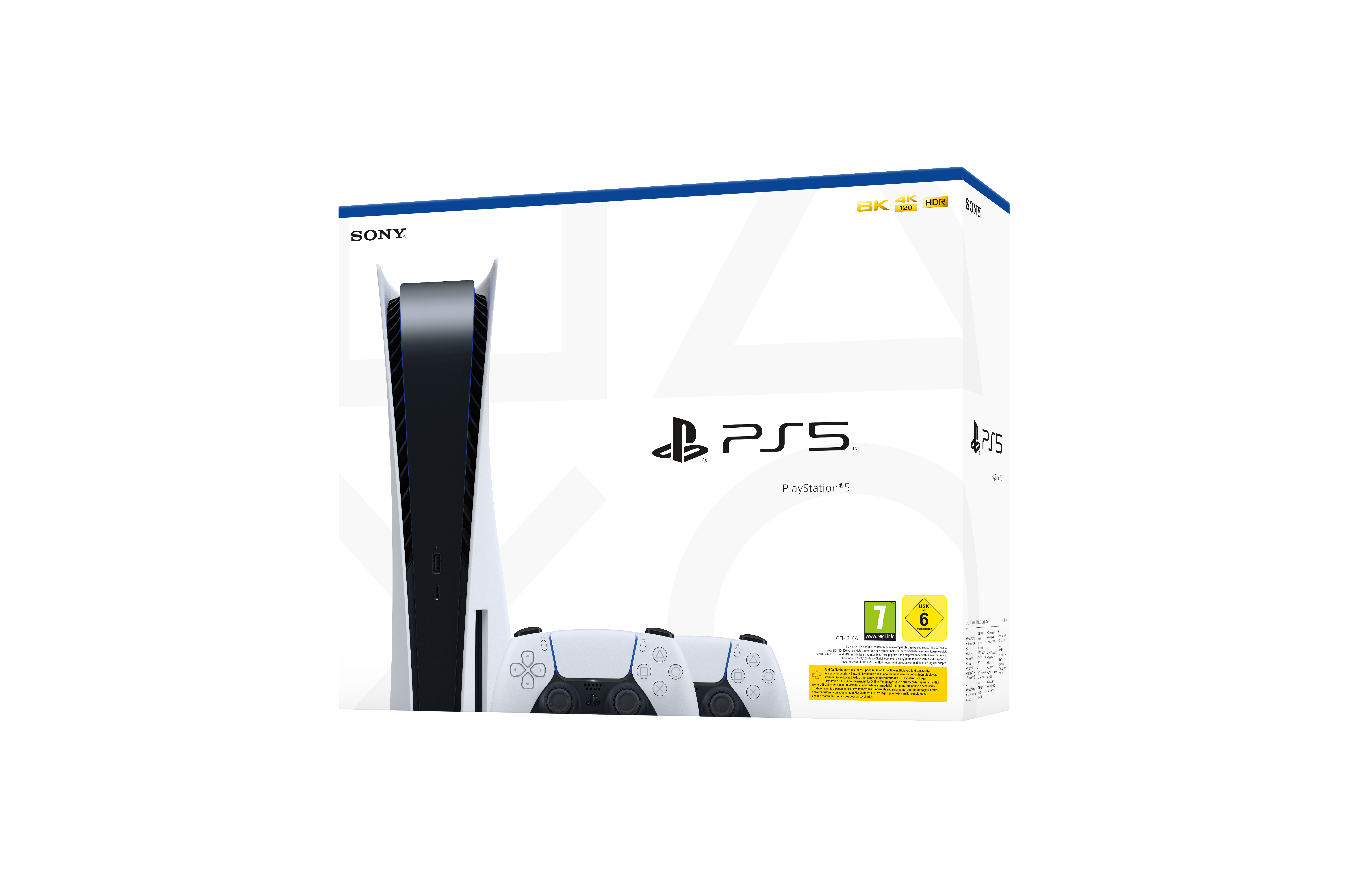 Eine weiße PlayStation 5 Konsole mit Controller in einer Box auf weißem Hintergrund.