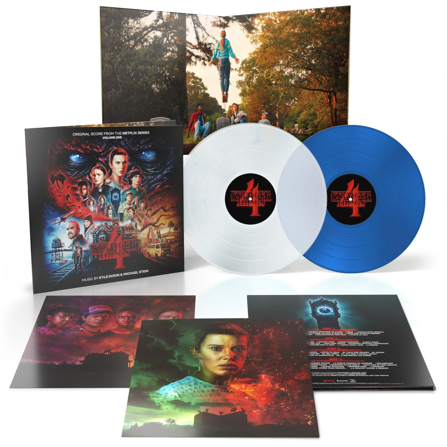 Een boxset van Stranger Things II soundtrack vinylplaten, met albumhoes en foto's.