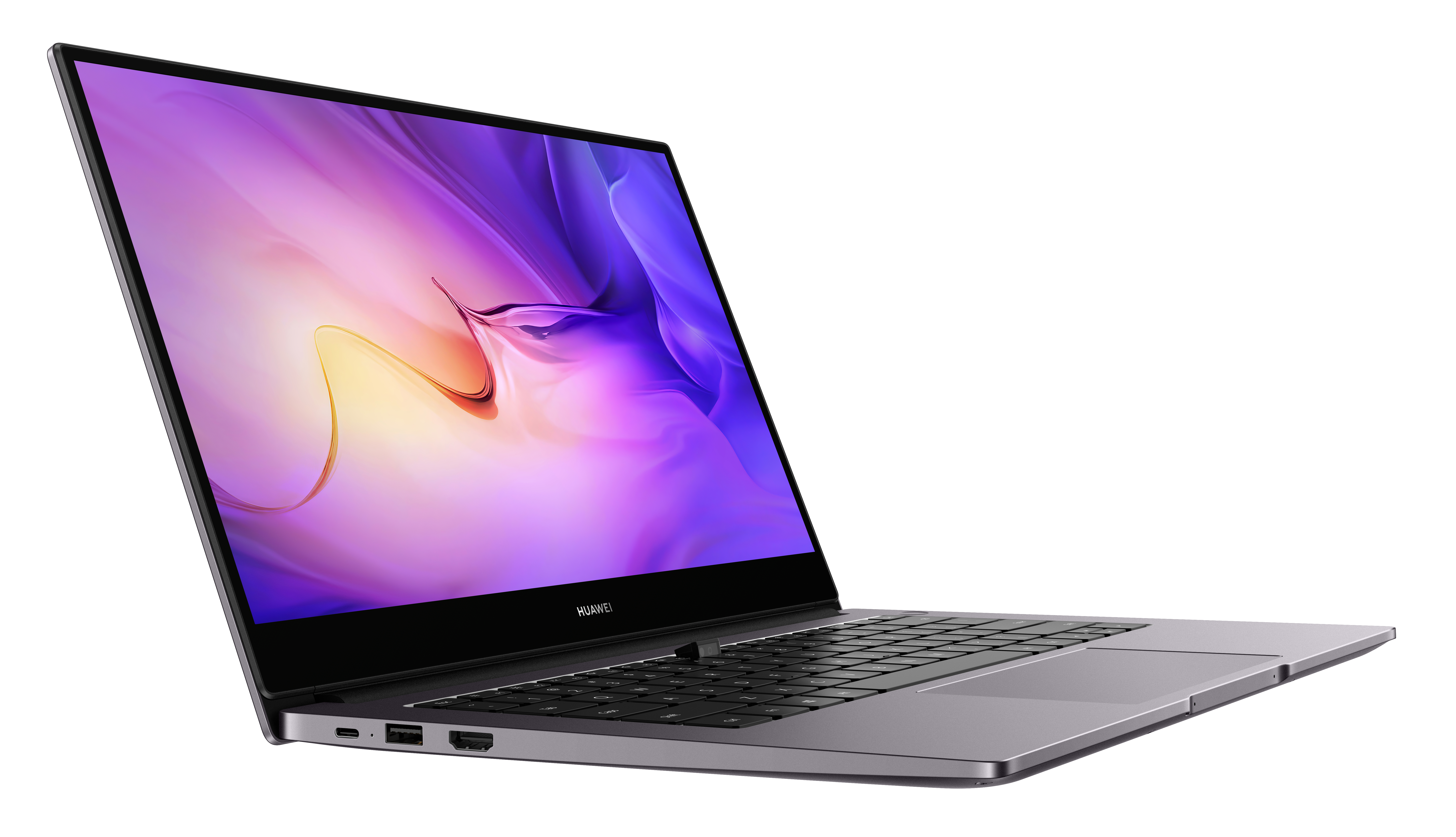 Ein silberner Laptop auf weißem Hintergrund. Der Bildschirm zeigt einen lila-pinken Farbverlauf.