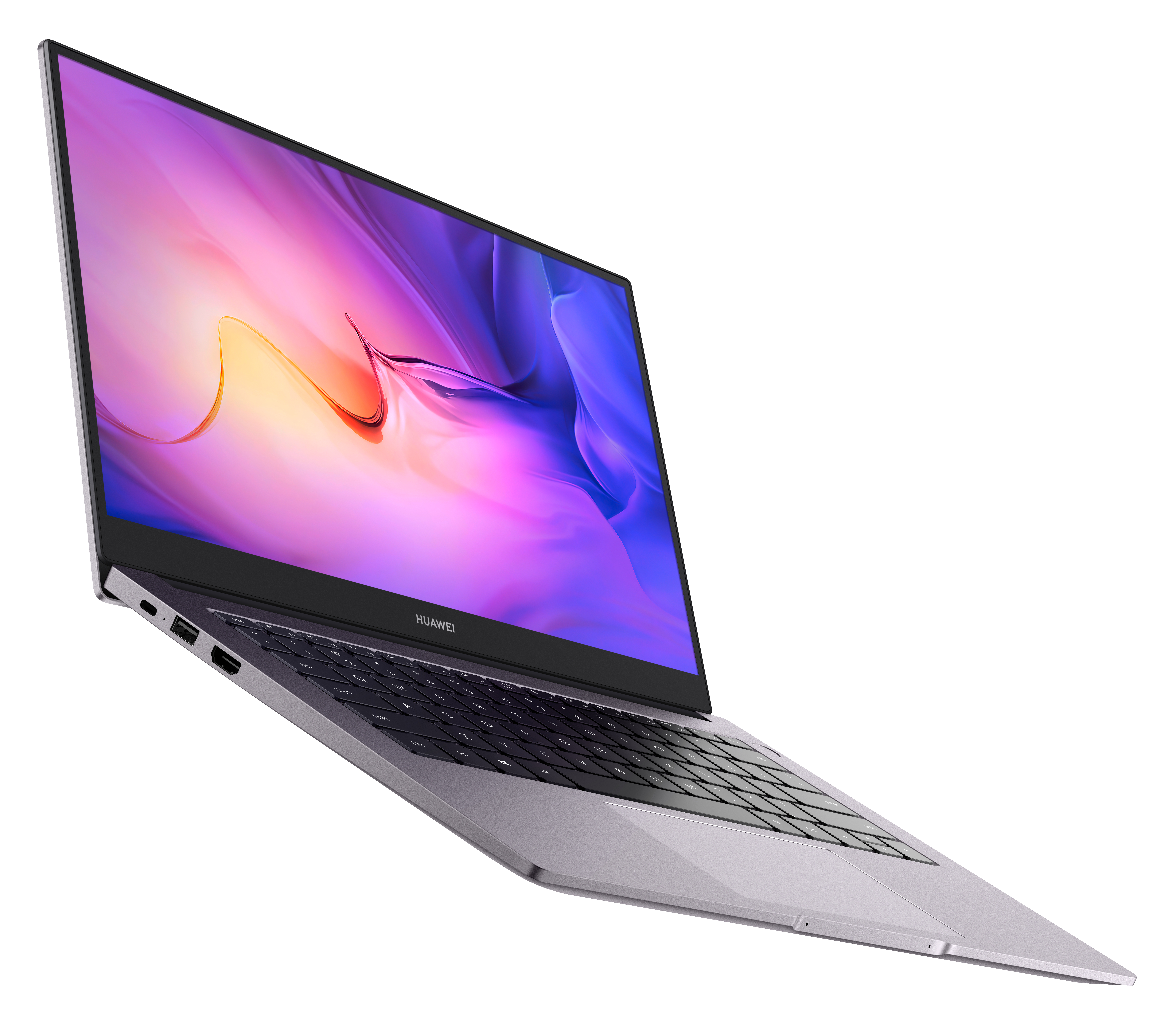 Ein Laptop ist leicht geöffnet. Der Bildschirm zeigt ein farbenfrohes Bild. Der Laptop ist silberfarben.