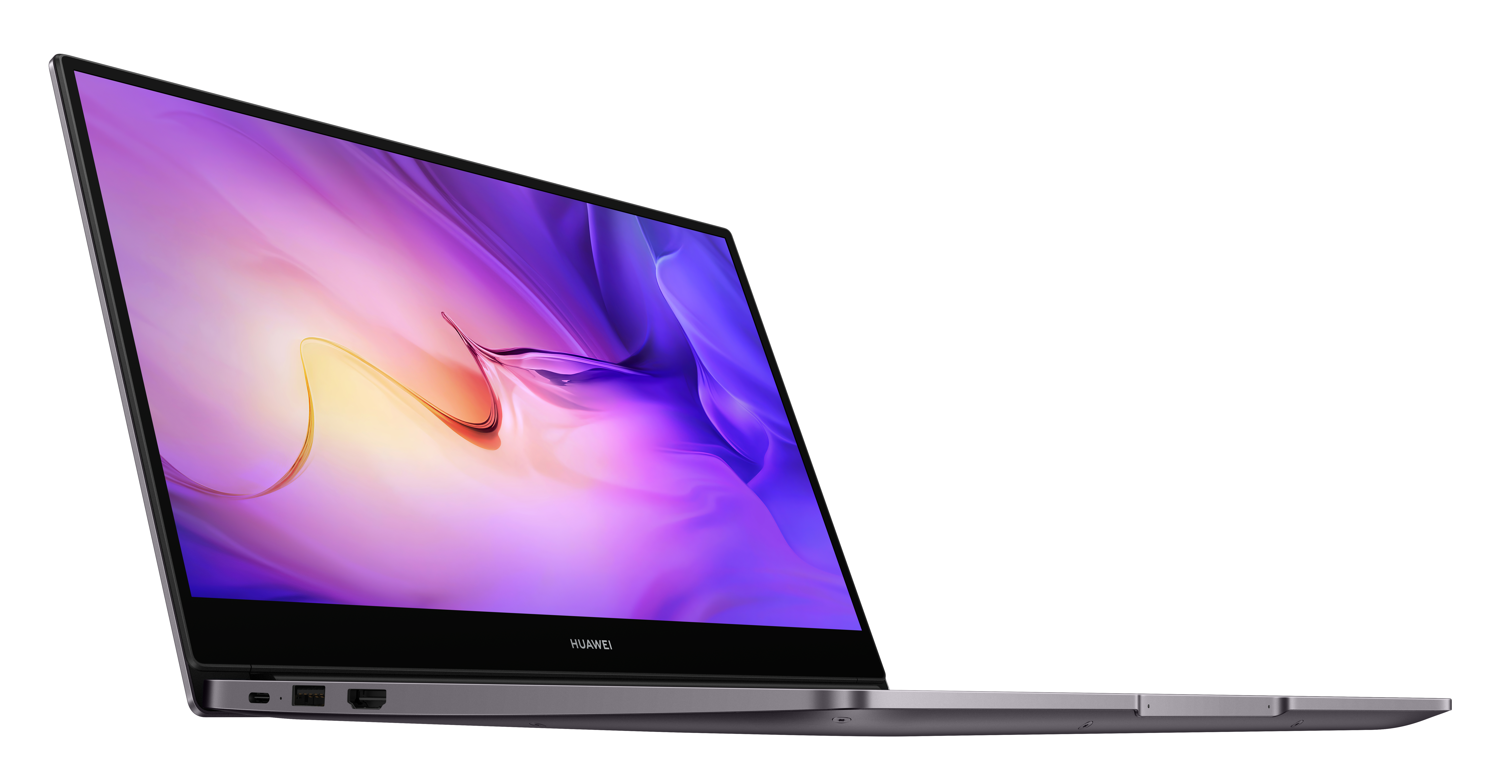 Silberner Laptop mit dünnem Rahmen, geöffnet auf weißem Hintergrund.