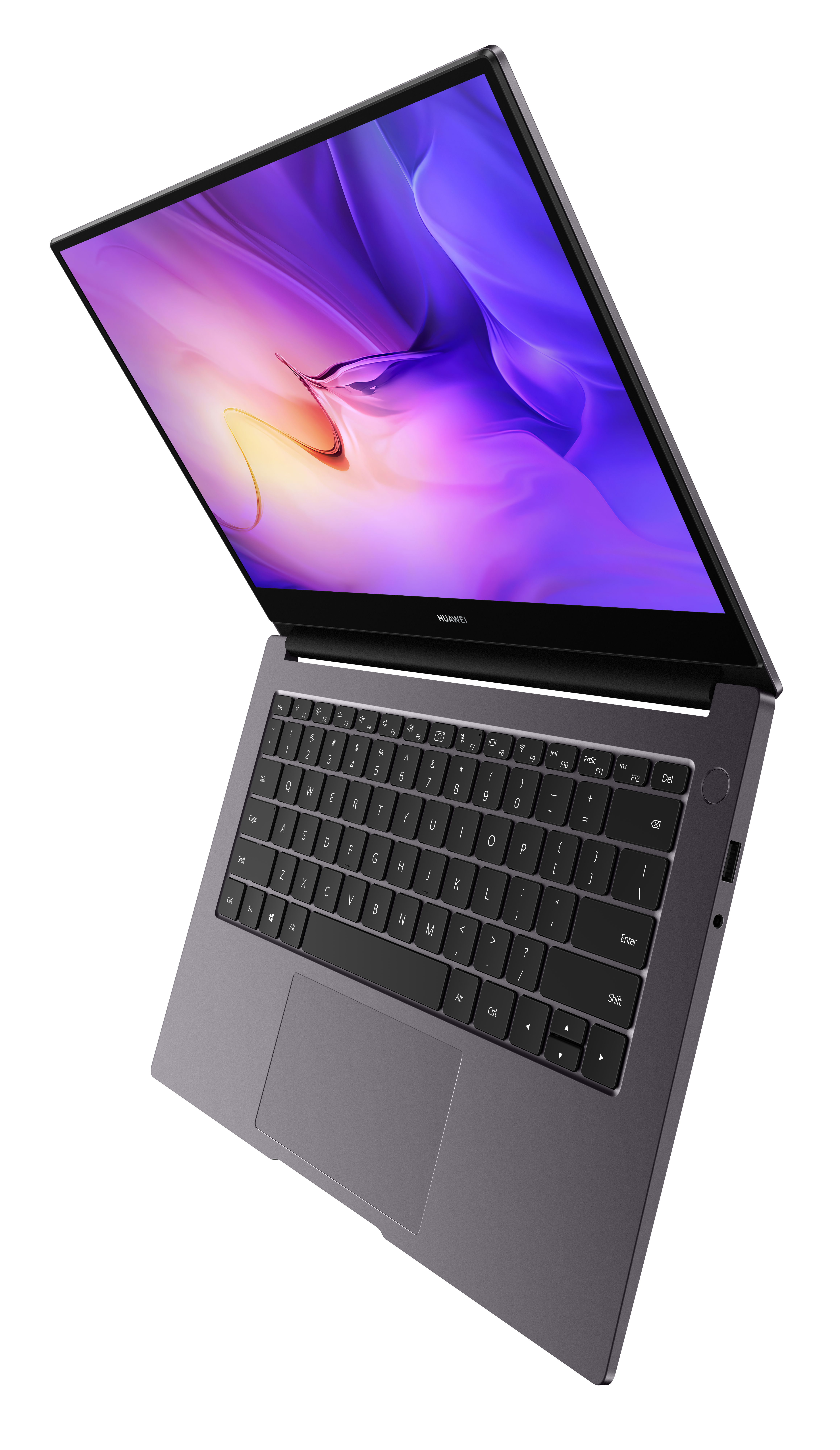 Ein nach oben abgewinkelter Laptop, der Tastatur und Bildschirm zeigt. Weißer Hintergrund.