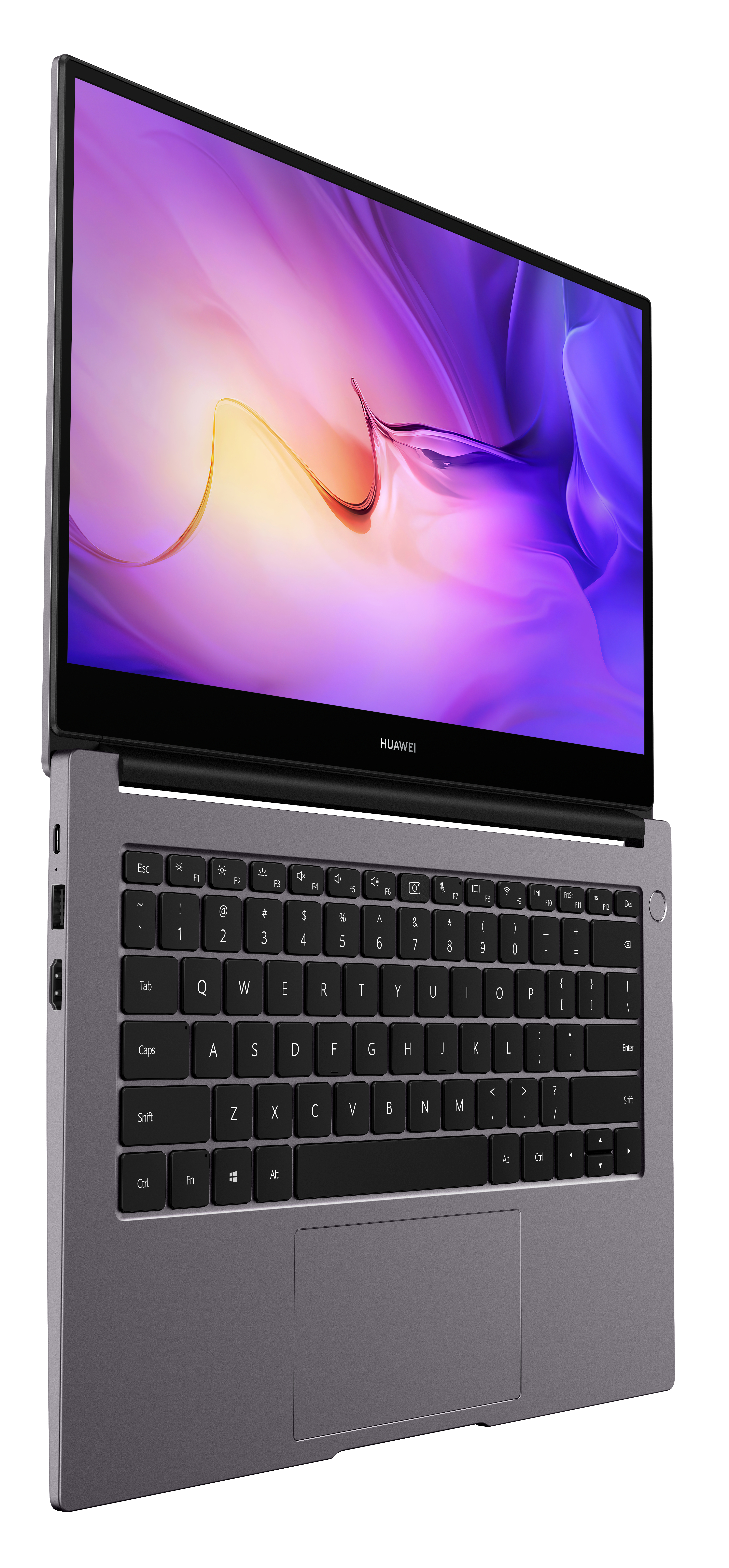 Grauer Laptop, geöffnet, Tastatur und Bildschirm zeigend.